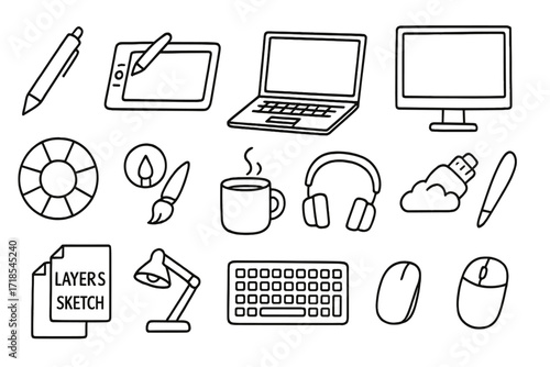 Digital Artist's Toolkit. Hand-drawn doodle illustration Digital artist tablet pen, graphic tablet, laptop, monitor, stylus, mouse, keyboard, coffee cup,