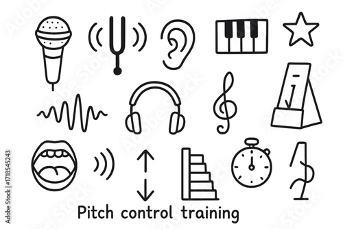 Musical Elements Sketch. Hand-drawn doodle illustration Pitch control training microphone, tuning fork, sound wave, ear, piano keys, headphones, treble clef,