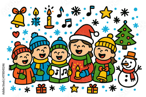 Children Caroling in Snow. Colorful Hand-drawn doodle Children illustration Caroling in the Snow [group singing, hat, scarf, mitten, snowflake, bell, candle,