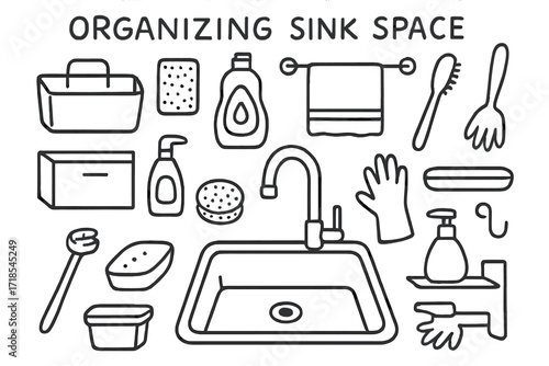 Sink Space Organization Icons. Hand-drawn doodle illustration [Organizing sink space] [caddy, sponge, dish soap, towel rack, dish brush, drawer, bin, faucet,