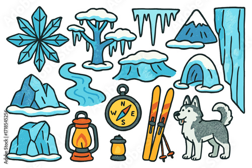 Frozen Wonderland Icons. Frozen world. Colorful Hand-drawn doodle Children illustration frozen world ice crystal, frozen tree, icicle, snow drift, frozen
