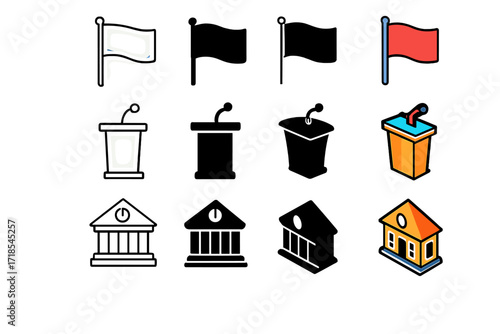 Civic Symbols Icons. Icon Set of Civic Symbols: National flag, Public speech podium, City hall. Icons set in vector style, emblematic variations. National flag