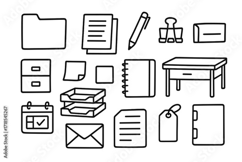 Office Supplies Doodles. Hand-drawn doodle illustration [Organizing work materials] [folder, paper stack, pen, binder clip, file cabinet, sticky