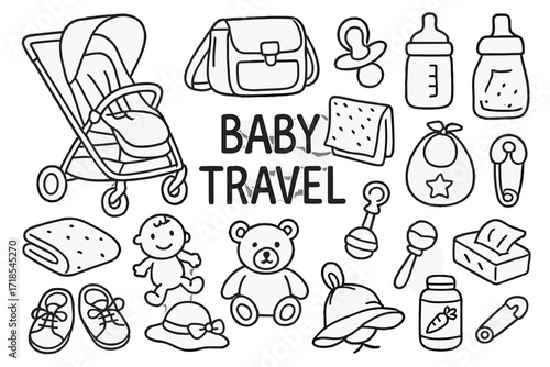 Baby Travel Doodles. Hand-drawn doodle illustration Baby Travel [stroller, car seat, diaper bag, pacifier, baby bottle, blanket, toy, teddy bear, bib, rattle,