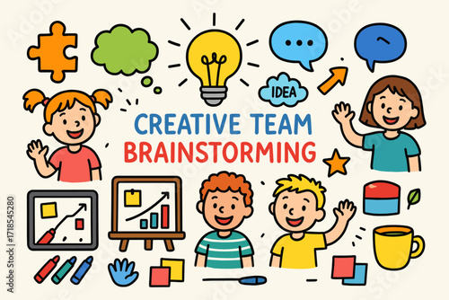 Creative Brainstorming Doodles. Colorful Hand-drawn doodle Children illustration Creative Team Brainstorming session light bulb, thought bubble, puzzle piece,
