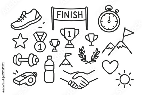 Athletic Achievements Icons. Hand-drawn doodle illustration Athletic achievements running shoes, finish line, stopwatch, medal, trophy, star, flag, dumbbell,