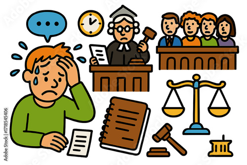 Defendant's Doodle Dilemma. Colorful Hand-drawn doodle Children illustration Defendant under pressure [defendant, judge, lawyer, jury, courthouse, gavel,