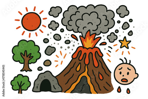 Volcanic Eruption Doodle. Colorful Hand-drawn doodle Children illustration volcanic eruption volcano, lava flow, smoke cloud, hot rocks, ash, fire, mountain,