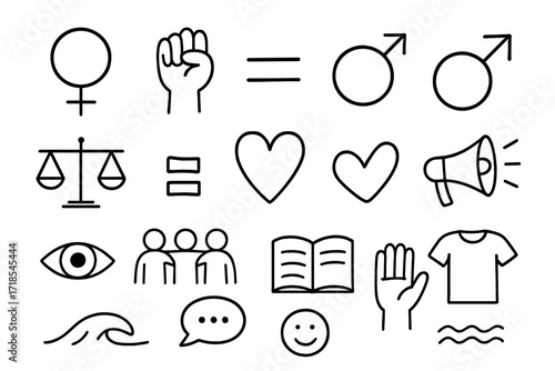 Gender Equality Doodles. Hand-drawn doodle illustration Gender equality symbols [female symbol, male symbol, equal sign, raised hands, scale, heart, megaphone,