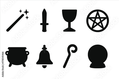 Ritual Tool Icons. Solid, filled icon set of ritual tools: wand, athame, chalice, pentacle, cauldron, bell, staff, crystal ball. Solid, filled icons in only