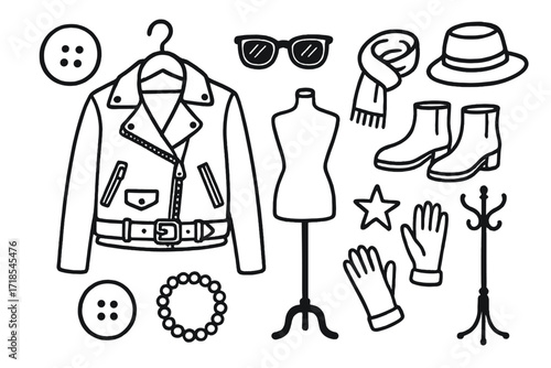 Fashion Doodle Elements. Hand-drawn doodle illustration Fashion jacket [jacket on hanger, buttons, collar, pocket, zipper, belt, mannequin, sunglasses, scarf,