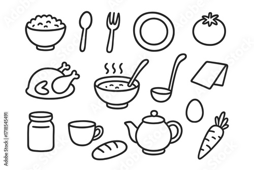 Doodle Kitchen Essentials. Hand-drawn doodle illustration Bowl Rice, Spoon, Fork, Plate, Vegetables, Chicken, Soup, Ladle, Napkin, Jar, Cup, Tea pot, Egg,