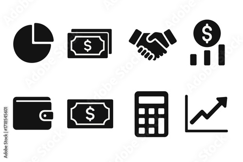 Profit Sharing Icons. Solid, filled icon set of profit sharing: pie chart, money stack, handshake, dividend, wallet, banknote, calculator, growth arrow. Solid,