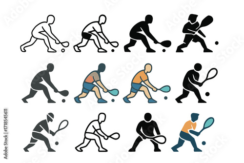 Squash Logo Variations. Set Logo of Fast-Paced Sports: squash player striking ball. Logo set in vector style, emblematic variations. line, bold thick line,
