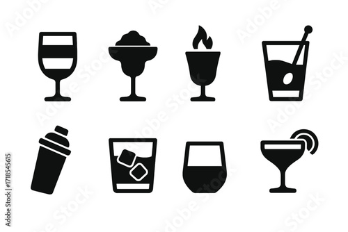 Cocktail Icon Grid. Solid, filled icon set of cocktail presentation styles: layered drink, frozen cocktail, flaming drink, stirred cocktail, shaken cocktail,