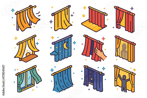 Curtain Scene Icons. Colorful isometric vector icons set of curtain scenes and moods: breeze blowing curtain, curtain shadow on floor, curtain in golden hour,