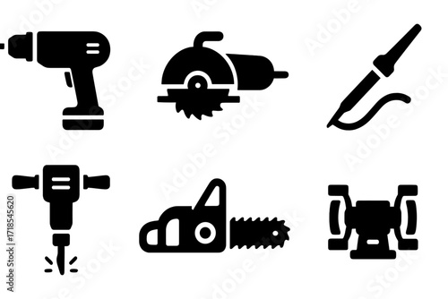 Power Tools Icons. Solid, filled icon set of power tools: electric drill, circular saw, angle grinder, soldering iron, jackhammer, power screwdriver, chainsaw,