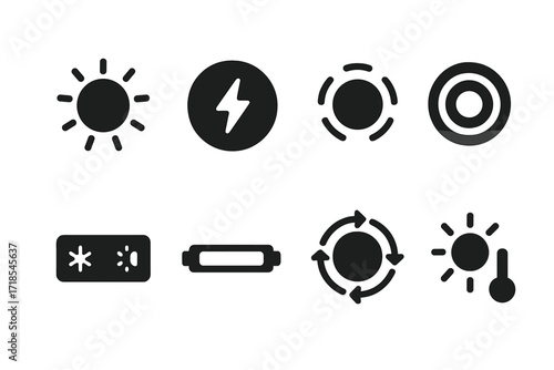Neon Light Icons. Solid, filled icon set of neon light effects: glow, flicker, pulse, fade, strobe, flickering tube, color cycle, brightness control. Solid,