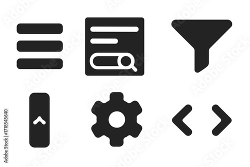 Digital Menu Icons. Solid, filled icon set of digital menu interface: hamburger menu, dropdown list, search bar, filter icon, settings gear, scroll bar,