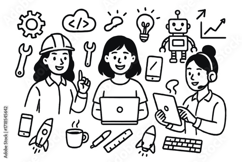 Women Engineers Doodles. Hand-drawn doodle illustration [Women engineers] [gear, wrench, laptop, tablet, code brackets, cloud, lightbulb, robot, data chart,