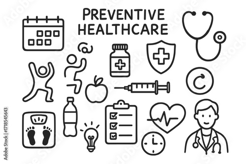 Preventive Healthcare Doodles. Hand-drawn doodle illustration clean eating habits water bottle, leafy greens, fruit bowl, whole grains, checklist, meal prep