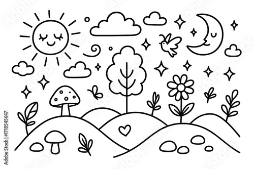 Surreal Dreamscape Doodle. Hand-drawn doodle illustration Surreal dreamscape hills [rolling hill, tree, flower, sun, moon, star, cloud, sparkle, butterfly,