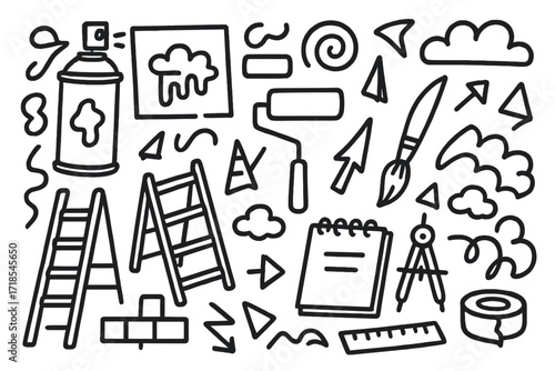 Creative Art Tools. Hand-drawn doodle illustration Abstract mural art spray paint can, stencil, roller, paint drips, brush strokes, ladder, wall, geometric