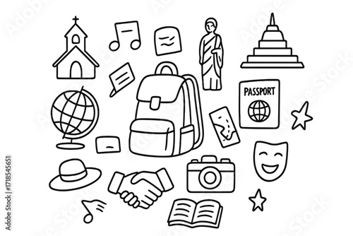 Travel Doodle Icons. Hand-drawn doodle illustration cultural traveler backpack, passport, camera, globe, church, temple, statue, book, ticket, map, music note,