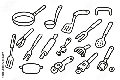 Kitchen Utensil Doodles. Hand-drawn doodle illustration [Utensils and handles] [frying pan, ladle, spatula, handle grip, tongs, slotted spoon, rolling pin,