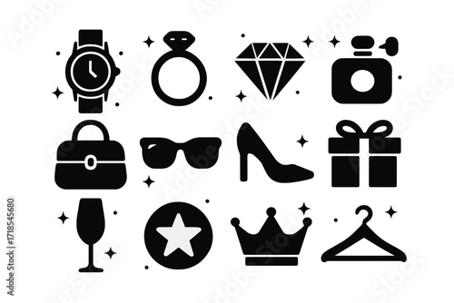 Luxury Icons Collection. Luxury Products. Solid icons set of luxury products: watch, jewelry ring, diamond, perfume bottle, handbag, sunglasses, high heel,
