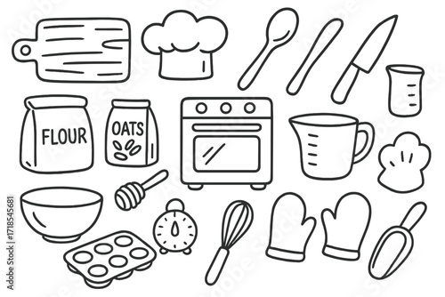 Homemade Baking Essentials. Hand-drawn doodle illustration Homemade food prep cutting board, chef?s hat, mixing spoon, knife, bowl, flour bag, oats, honey