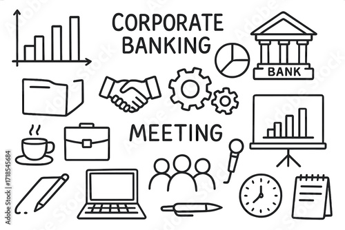 Corporate Meeting Doodles. Hand-drawn doodle illustration Corporate banking meeting bar chart, pie chart, bank building, handshake, gears, laptop, briefcase,