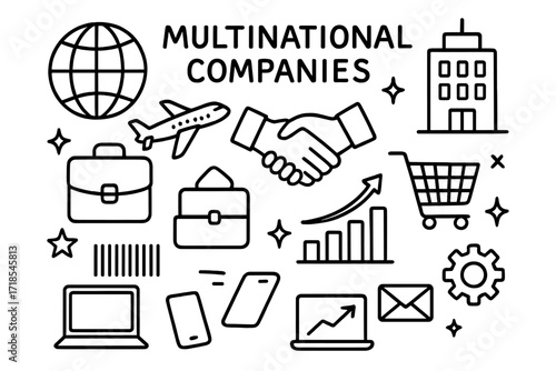 Global Business Doodle. Hand-drawn doodle illustration Multinational Companies [globe, office building, airplane, delivery truck, handshake, briefcase,