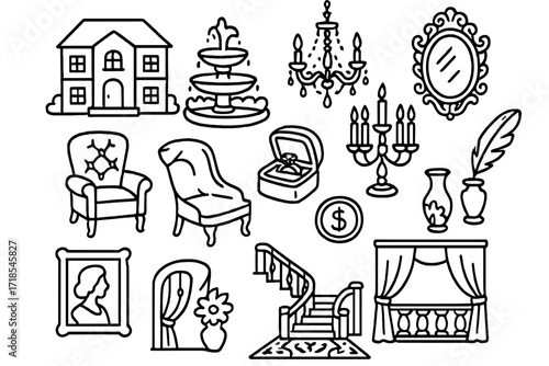 Bourgeois Home Doodles. Hand-drawn doodle illustration bourgeois home luxury house, garden fountain, crystal lamp, ornate mirror, candelabra, jewelry box,