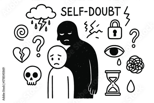 Self-Doubt Symbols. Hand-drawn doodle illustration Self-doubt shadow [human figure, shadow, storm cloud, spiral, question mark, broken heart, skull, eye, lock,
