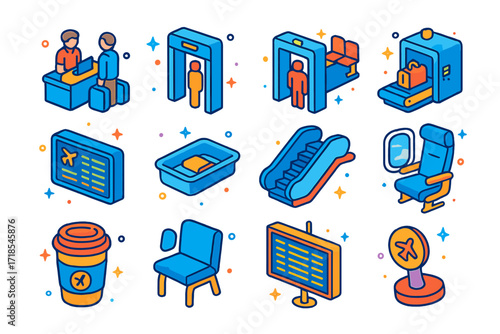 Airport Experience Icons. Colorful isometric vector icons set of airport experience: check-in counter, boarding gate, metal detector, luggage scanner, flight