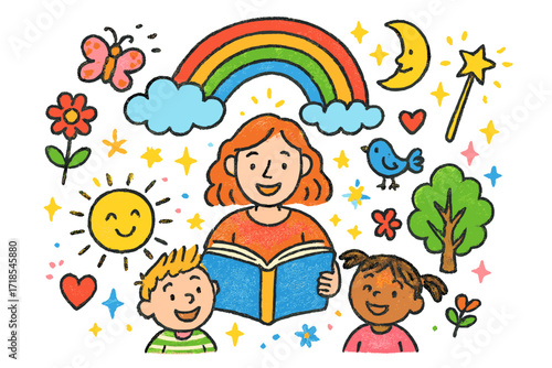 Storytime Adventure Doodles. Colorful Hand-drawn doodle Children illustration Storytime Adventure storyteller, open book, rainbow, sun, cloud, moon, star,