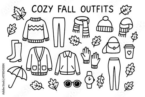 Cozy Fall Doodles. Hand-drawn doodle illustration [Cozy fall outfits] [sweater, leggings, boots, scarf, hat, cardigan, gloves, bag, coffee cup, leaves,