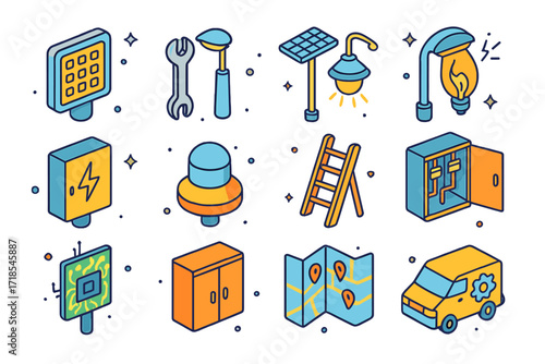 Street Lamp Icons. Colorful isometric vector icons set of maintenance and components of street lamps: LED bulb module, lamp fixture wrench, solar panel unit,
