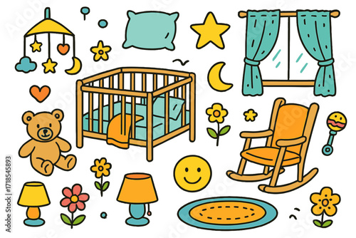 Nursery Doodle Delight. Colorful Hand-drawn doodle Children illustration Nursery design crib, mobile, teddy bear, blanket, pillow, star, moon, heart, lamp,