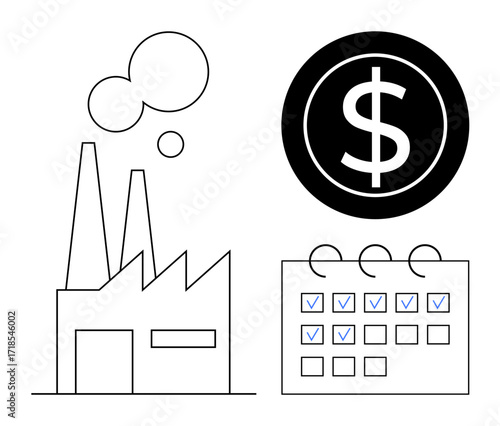 Industrial factory, dollar symbol, and checklist calendar emphasizing financial planning, manufacturing goals, cost efficiency, and productivity. Ideal for business, economy, finance operations