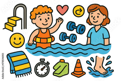 Hydrotherapy Doodle Art. Colorful Hand-drawn doodle Children illustration Hydrotherapy therapy pool, water waves, swimsuit, float belt, therapist, pool steps,