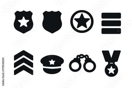 Law Enforcement Icons Grid. Solid, filled icon set of rank symbols in law enforcement: badge, shield, star, bars, stripes, cap insignia, handcuffs, medal.