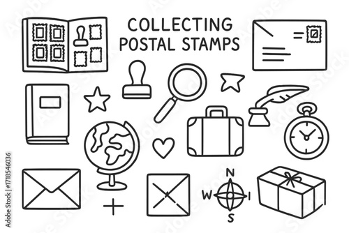 Stamp Collecting Doodles. Hand-drawn doodle illustration Collecting postal stamps [stamp album, ink stamp, envelope, postcard, magnifying glass, star, heart,