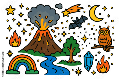 Volcanic Night Doodle. Colorful Hand-drawn doodle Children illustration volcanic night eruption volcano at night, glowing lava, stars, moon, comet, smoke