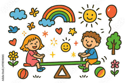 Vibrant Seesaw Adventure. Colorful Hand-drawn doodle Children illustration Colorful Seesaw Ride [seesaw, two children, ball, flower, butterfly, heart, star,
