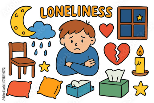 Lonely Night Doodles. Loneliness. Colorful Hand-drawn doodle Children illustration Loneliness sad face, moon, cloud, rain, empty chair, pillow, tissue box,
