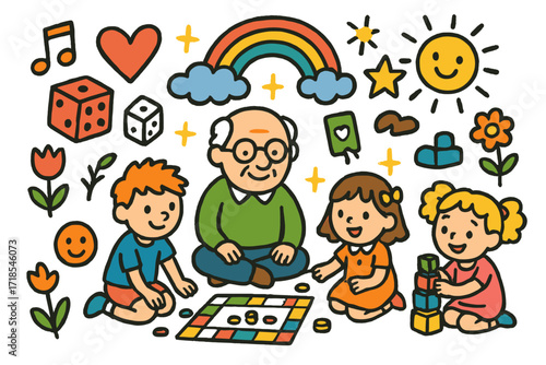 Joyful Kids' Game Time. Colorful Hand-drawn doodle Children illustration Playing Games Together [board game, dice, card, toy block, heart, grandparent, child,