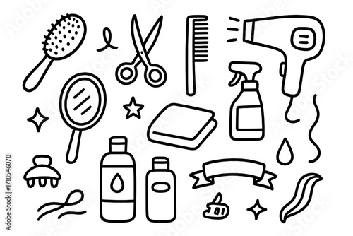 Salon Tools Doodle. Hand-drawn doodle illustration salon brush bristle salon brush, bristles, scissors, comb, hairdryer, mirror, towel, spray bottle, shampoo,