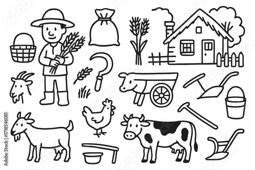 Harvest Festival Icons. Hand-drawn doodle illustration harvest time peasantry farmer, basket, sack, wheat bundle, sickle, goat, chicken, cow, cart, cottage,